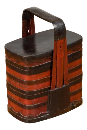Chinese Red and Black Lacquered Tiered Lunch Box with Handle and Calligraphy