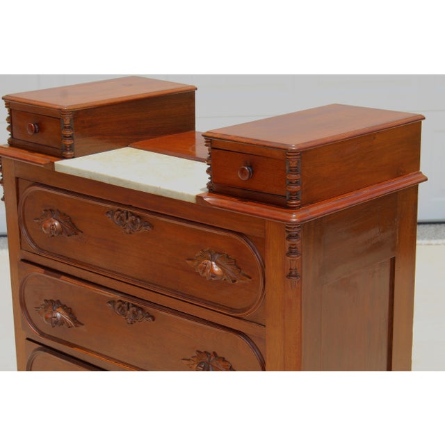 Exceptional 19th Century Renaissance Revival Walnut & Marble Drop-Center Dresser For Sale - Image 11 of 18