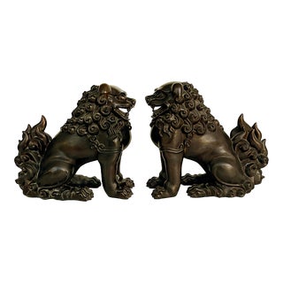 Vintage Chinese Bronze Foo Dogs Sculptures- a Pair For Sale