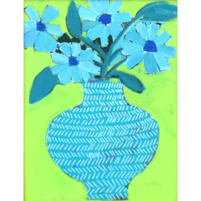 Original one-of-a-kind contemporary vase with a bouquet of aqua and blue flowers oil painting on stretched artist canvas....