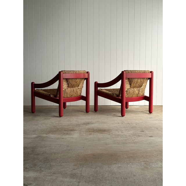 Pair of Vintage Red Lacquered Rush Lounge Chairs, Attributed to Vico Magistretti For Sale - Image 9 of 18