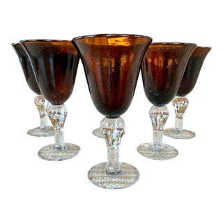 Set of 6 Large Hand Blown Glass Tortoise Amber Stemmed Goblets, 1970s For Sale