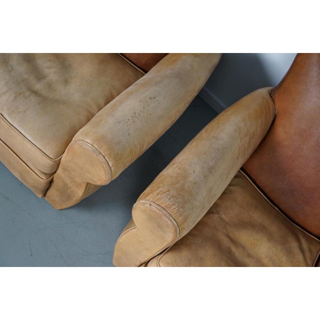 Brown French Club Armchairs with Leather File Mustache Cognac, 1940s, Set of 2 For Sale - Image 8 of 18