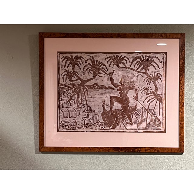 Mid-Century Modern Vintage Pacific Islander Canoe Woodcut Print Framed 23.5x19.25 For Sale - Image 3 of 8