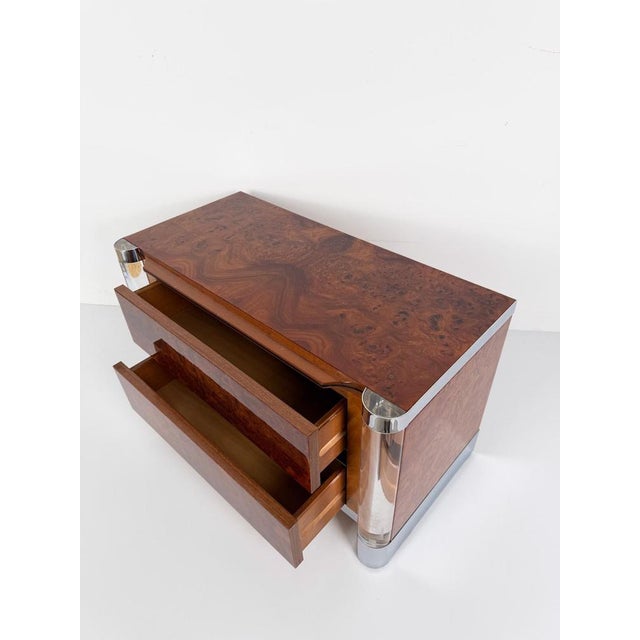 Mid-Century Burl Wood, Chrome and Acrylic Glass Nightstands, 1970s, Set of 2 For Sale - Image 11 of 18