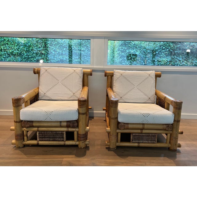 1970s Pair of large bamboo armchairs with Pierre Frey cushions For Sale - Image 12 of 12