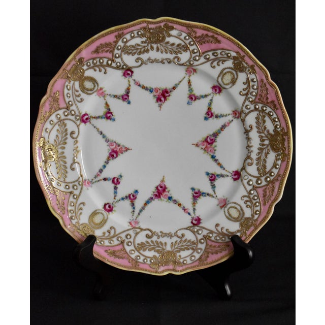 Antique Painted Porcelain Plate Nippon Encrusted Gold Pink Rose Garlands For Sale - Image 12 of 15