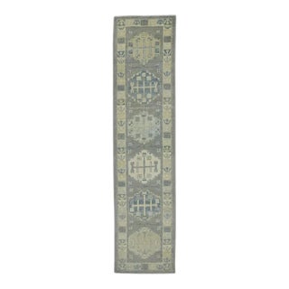 Turkish Oushak Runner Rug Gray & Green Handwoven Wool Rug 2'11" X 12'4" For Sale