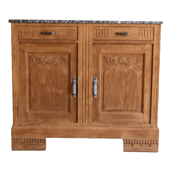 Low Art Deco Sideboard in Carved Oak and Grey Marble, 1930s For Sale