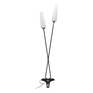 Arlus Floor Lamp with Tripod Base and Ribbed Glass Lamps, 1950 For Sale