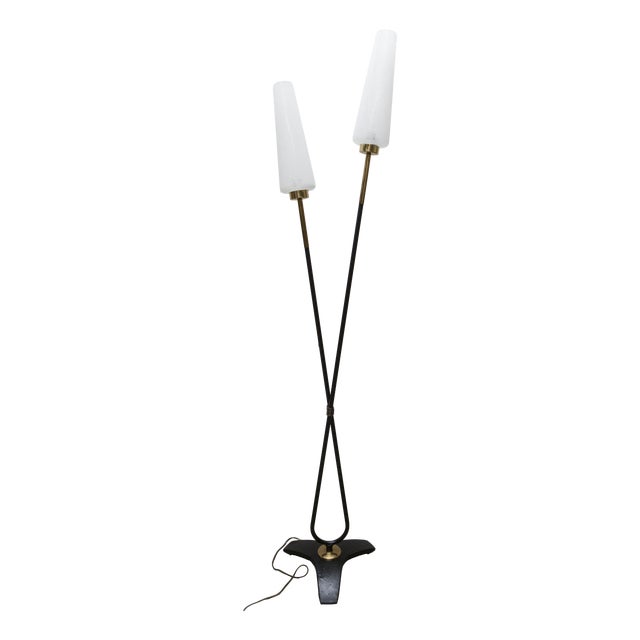 Arlus Floor Lamp with Tripod Base and Ribbed Glass Lamps, 1950 For Sale