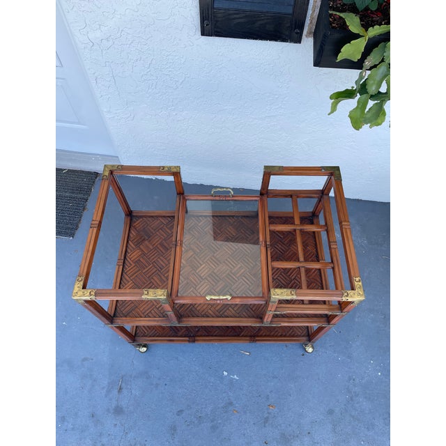 Vintage Korean Campaign Style Bar Cart With Brass Mounts & Parquet Shelves Georgian Furnishing Co. For Sale - Image 9 of 10