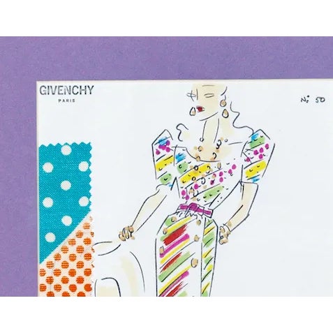 Fabulous hand- coloured fashion plate No. 50 designed by Givenchy of Paris including (3) fabric swatches attached!~ Art 8"...