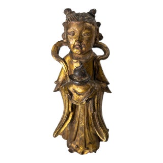 17th Century Ming or Qing Dynasty Chinese Gilt Bronze Daoist Attendant Figure For Sale