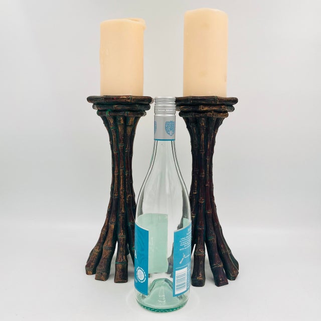 Contemporary Vintage Faux Bamboo Bronze Metal Pillar Candleholders 12"h - A Pair For Sale - Image 3 of 16