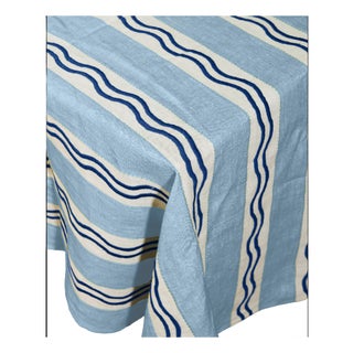 Misette Monaco Stripe Linen Embroidered Tablecloth - Long, Blue 145" x 80" For Sale