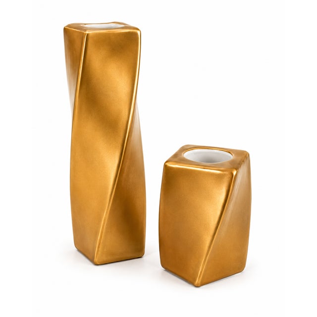 Angela Cummings for Arita Japan 1983 Rare Gilded Porcelain Twisted Candleholders – Pair For Sale - Image 4 of 7