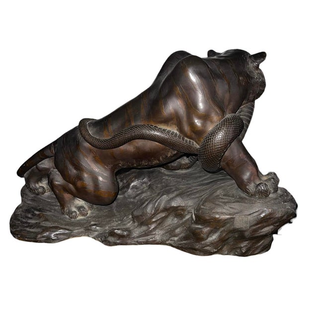 Late 19th Century Genryusai Seiya Bronze Tiger and Snake Sculpture, Meiji Period, Japan, Late 19th For Sale - Image 5 of 8