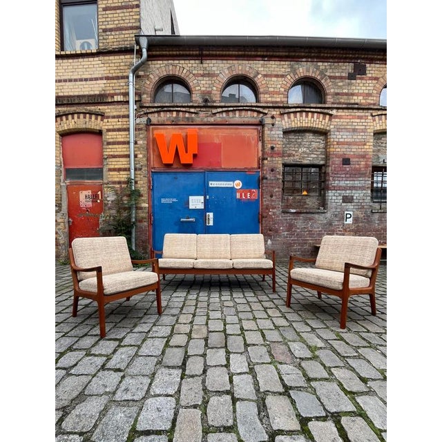 Three-Seater Sofa in Beige Wool and Teak by Ole Wanscher for Cado For Sale - Image 3 of 11