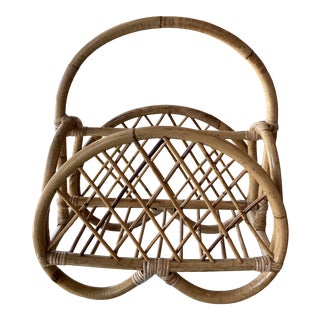 Vintage Pretzel Rattan Bamboo Magazine Rack Holder For Sale