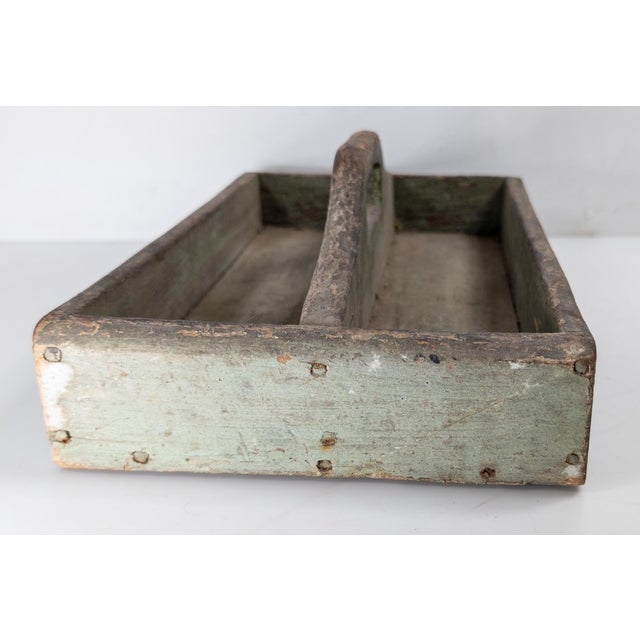 Farmhouse 19th Century Primitive Rustic Tool or Tote Tray in Verdigris Green Paint For Sale - Image 3 of 9