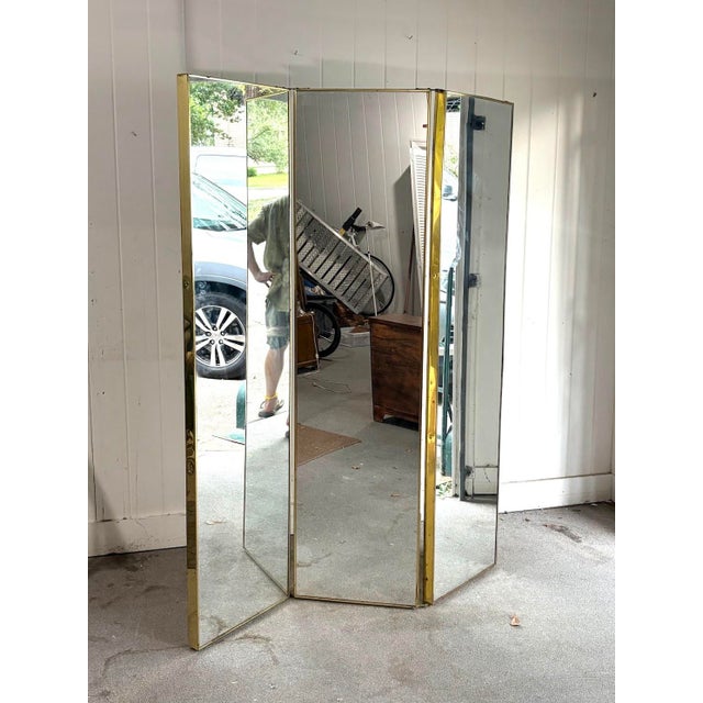 Metal Hollywood Regency 1970s Brass Mirrored 3-Panel Screen For Sale - Image 7 of 8