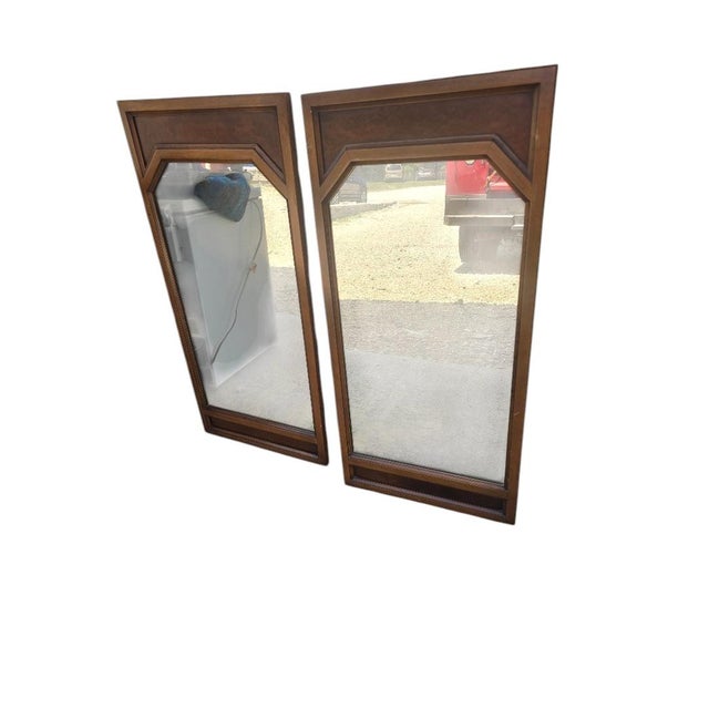 Pair of Vintage Mid Century Modern Walnut Geometric Wall Mirrors, 47" Tall For Sale - Image 4 of 5