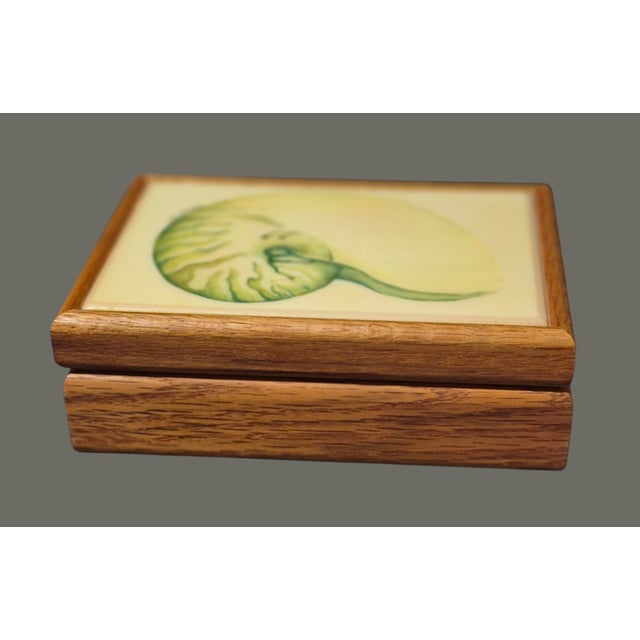 Contemporary Late 20th Century Painted Seashell Nautilus on Ceramic Tile Wooden Oak Keepsake Box by Konnie Kim Signed For Sale - Image 3 of 9