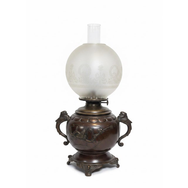 Traditional Antique Patinated Bronze Oil Lamp Kerosene Meiji Style Etched Glass Globe Eagle For Sale - Image 3 of 12