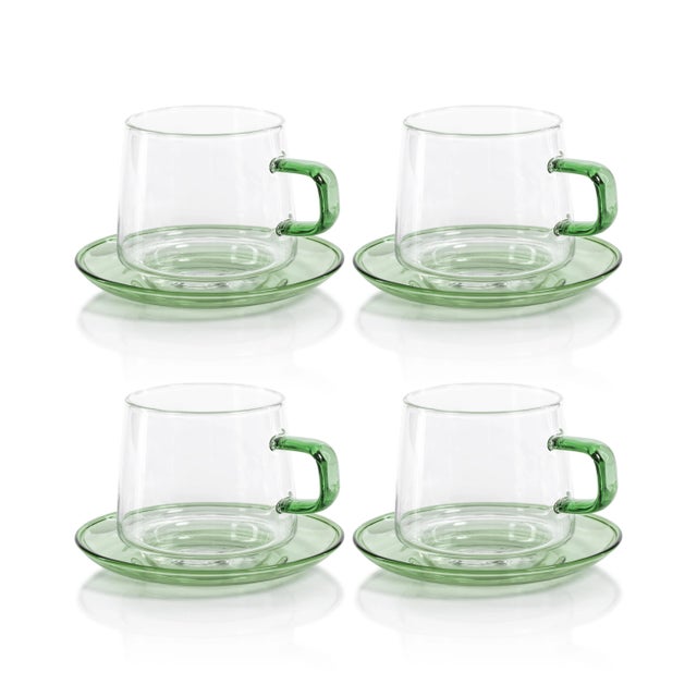 Bergamo Glass Tea & Coffee Cups and Saucers - Green, Set of 4 For Sale - Image 4 of 4