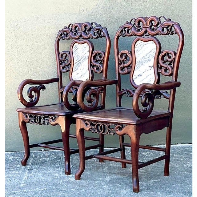 Vintage Asian Carved Hardwood Chairs - A Pair For Sale - Image 11 of 12