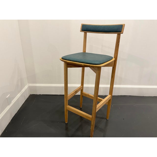 Contemporary Custom Wood & Leather Upholstered Bar Stool For Sale - Image 3 of 5