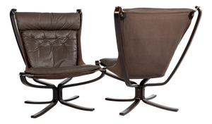 Vintage Peanut Brown Leather Highback Falcon Chairs by Sigurd Ressell for Vatne Møbler, 1970s, Set of 2