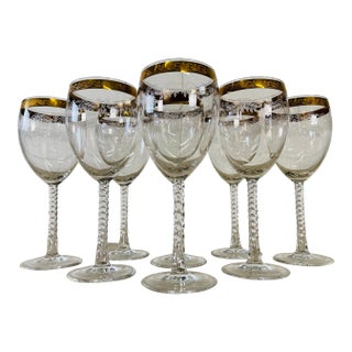 Vintage 1960s Floral Gold Rim & Twisted Stem Goblets, Set of 8 For Sale
