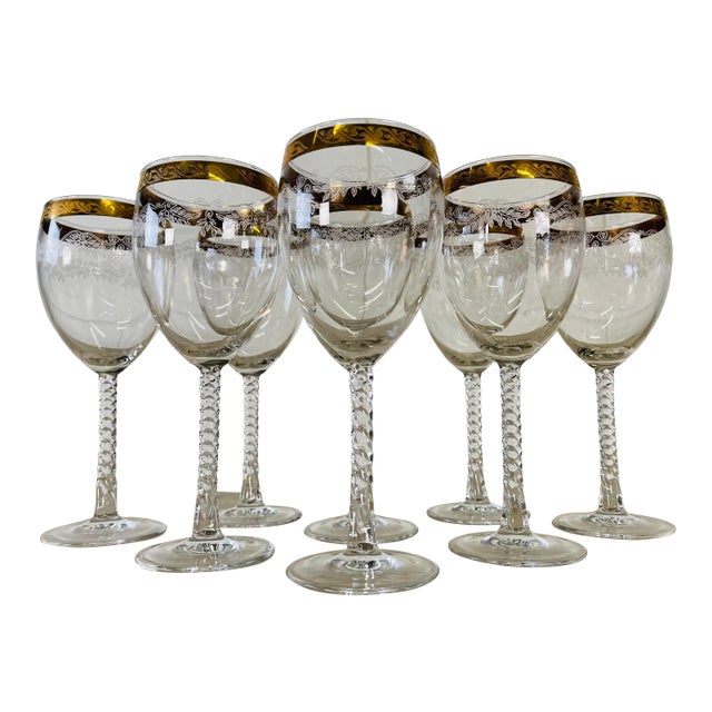 Vintage 1960s Floral Gold Rim & Twisted Stem Goblets, Set of 8 For Sale