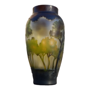 Émile Gallé Styled Cameo Vase Art Nouveau Woodland Landscape Art Glass 8"