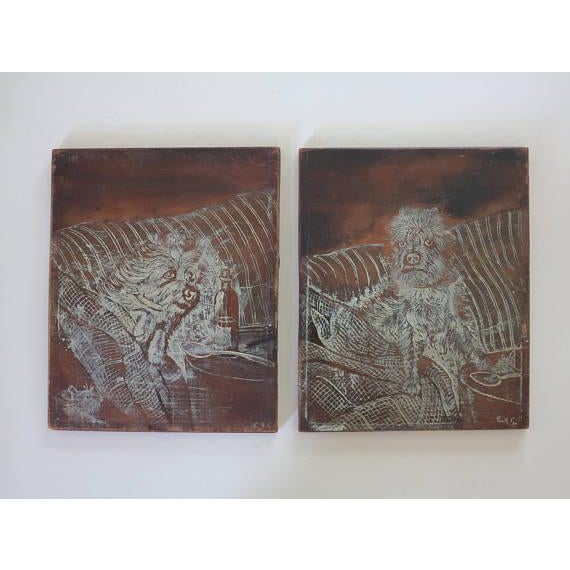 An amazing and quite rare pair of 19th century english etchings on charred wood after some quite famous paintings by...