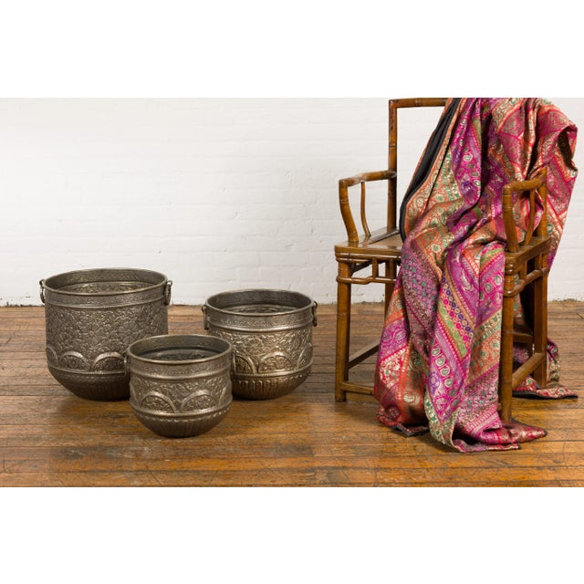 Indian Vintage Indian Nested Silver over Brass Vessels with Repoussé Floral Décor - Set of 3 For Sale - Image 3 of 13