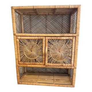 1960s Mid-Century Rattan Sunburst Wall Cabinet and Shelf For Sale