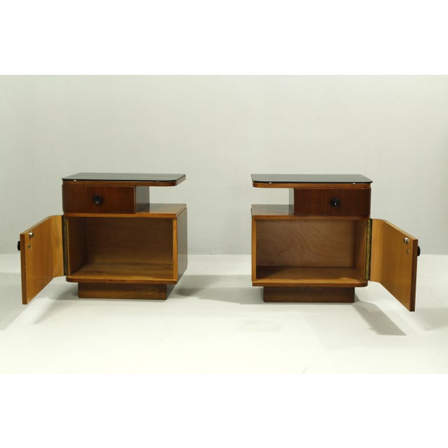 Mid-Century Nightstands with Walnut Veneer and Black Opal Glass Tops, 1960s, Set of 2 For Sale - Image 10 of 17
