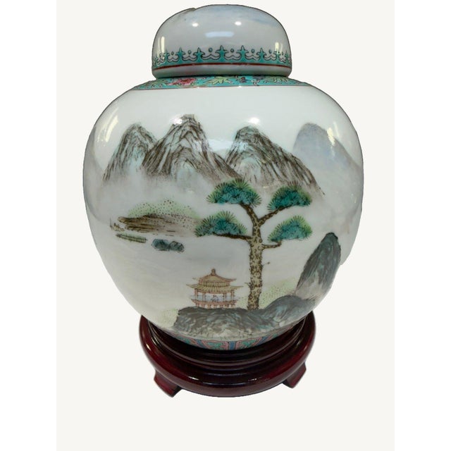 Beautiful vintage Chinese porcelain ginger jar featuring an elegant, hand-decorated panoramic mountain and water...