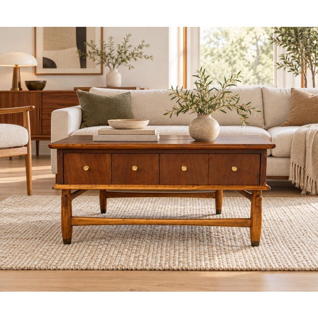 Beautiful mid-century coffee table by Lane Furniture, featuring a center drawer with brass drawer pulls, tapered legs with...