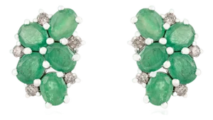 Modernist Fine Silver Emerald & Diamond Cluster Stud Earrings- A Pair