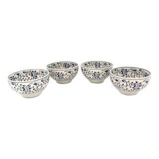 Set of 4 Bat Trang Vietnamese Ceramic Multipurpose Bowls With Hand Painted Blue & White Lotus Motif For Sale
