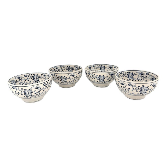 Set of 4 Bat Trang Vietnamese Ceramic Multipurpose Bowls With Hand Painted Blue & White Lotus Motif For Sale