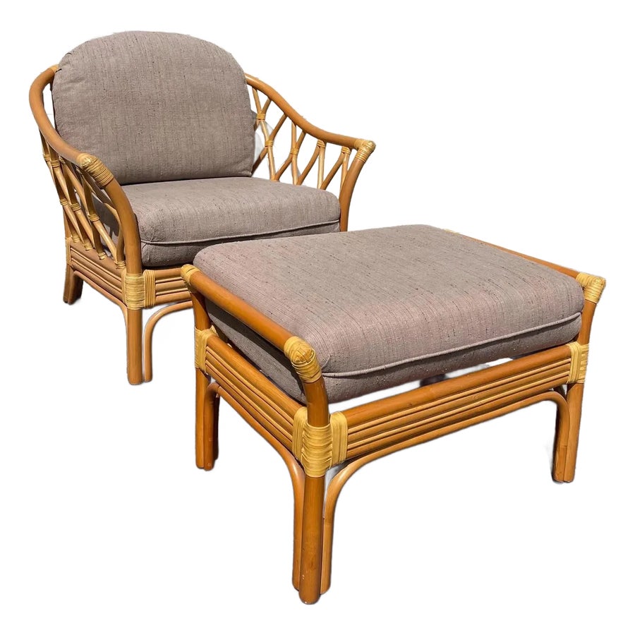 Mid 20th Century Rattan Chair and Ottoman Lounge Bamboo - 2