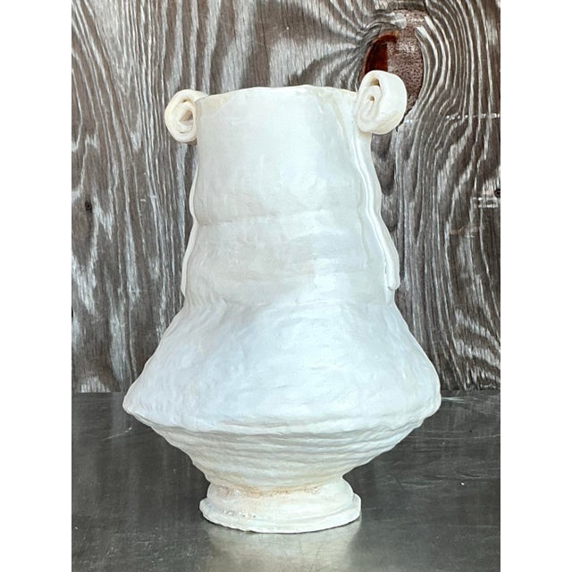Ivory Vintage Boho Original Studio Pottery Scroll Vase For Sale - Image 8 of 12