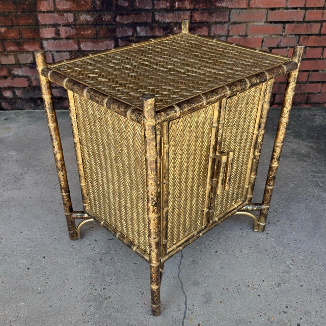 Late 20th Century 1970’s Faux Tortoiseshell Bamboo Herringbone Rattan Cabinet - Newly Painted For Sale - Image 5 of 12