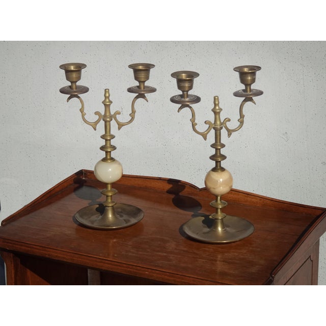 Pair of Vintage Brass and Onyx Candelabras 10" High Candle Holders For Sale In Los Angeles - Image 6 of 12
