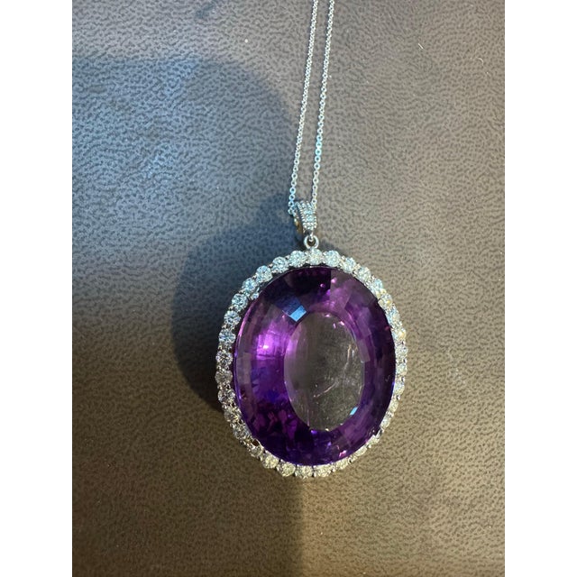 Amethyst 80 Carat Amethyst & 3.5 ct Diamond Pendant Necklace 14 Karat White Gold + Chain For Sale - Image 8 of 18